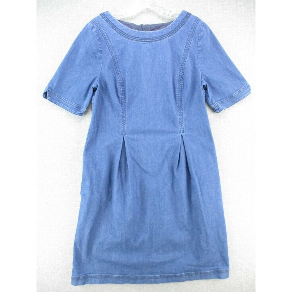 Boden Dress Womens 10L Blue Denim Short Sleeve Stretch Zip Round Neck Casual